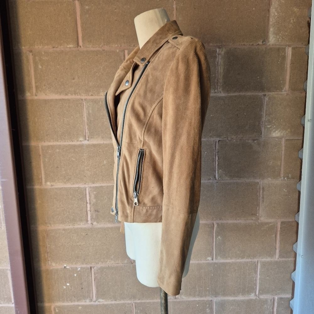 SET Urban Deluxe Suede Moto Jacket Camel Tan Leather Biker Coat US 8 - Picture 11 of 12